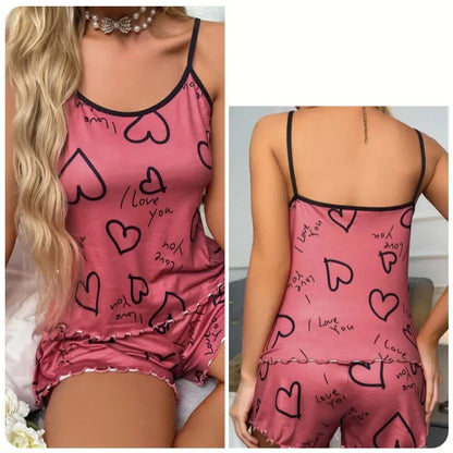 Heart-shaped printed sexy silk Pyjama Set