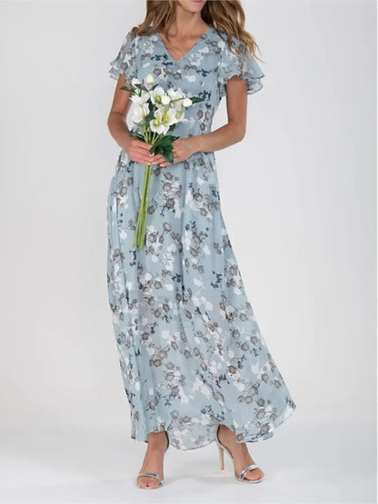 Elegant Flower Long Ruffle Short Sleeve Boho Style High Waist Dress