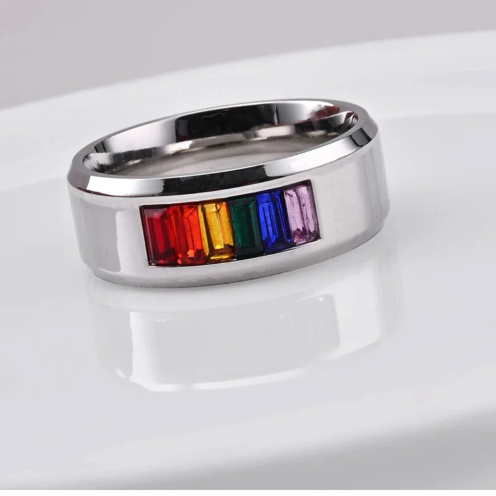 8mm Titanium Steel Rainbow Zircon Rings