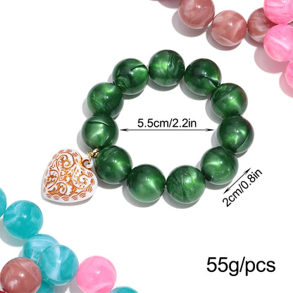 Boho Colorful Round Beads Heart Pendant Elastic Bracelets