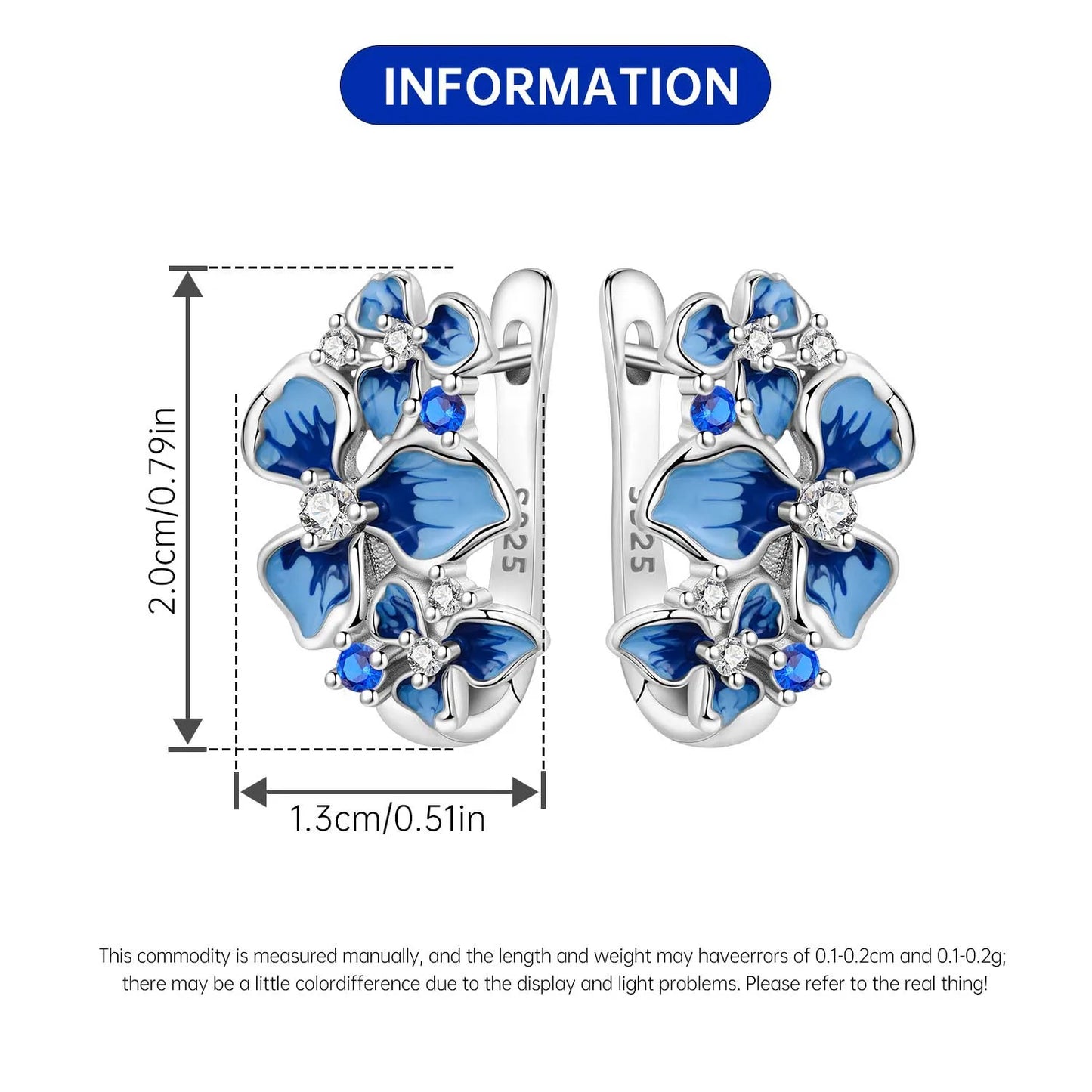 Orstarry Original 925 Sterling Silver Blue Iris Flower Earrings
