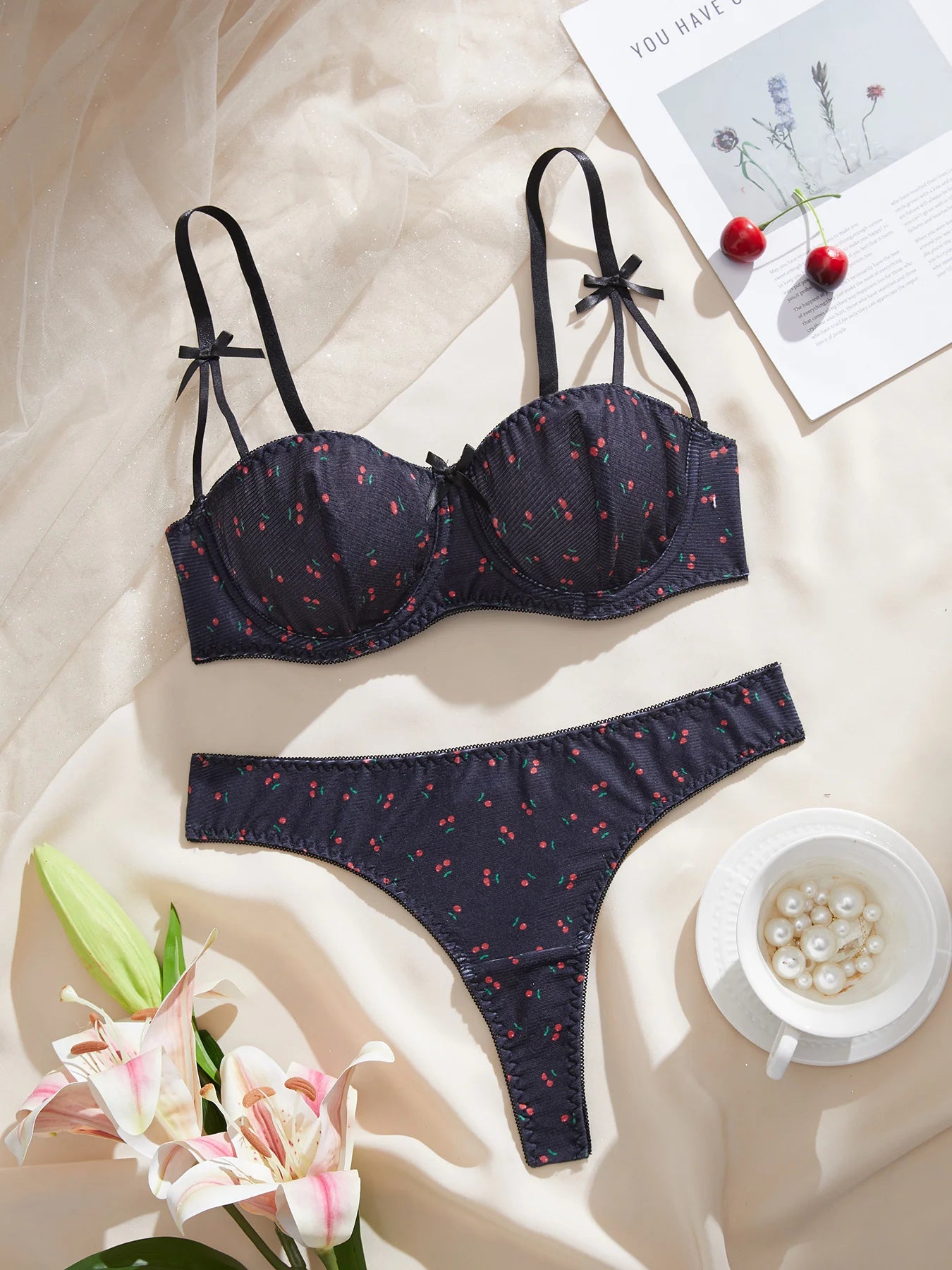 2-Piece Set Cherry Print Comfortable Lingerie
