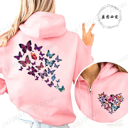 Butterfly Heart Hoodie Zip Up Vintage Hooded Sweatshirts Hip Hop Streetwear