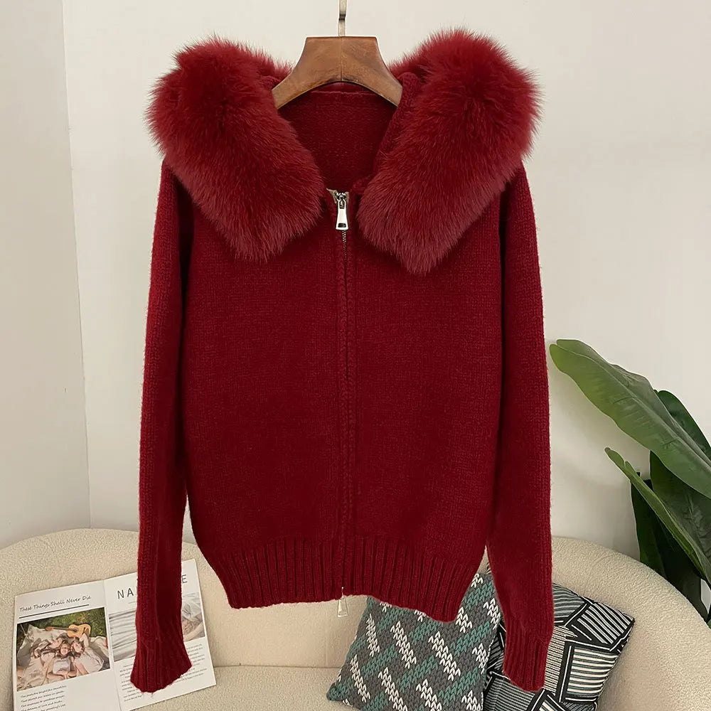 Autumn Winter Casual Hooded Real Fox Fur Collar Short Knitted Jacket