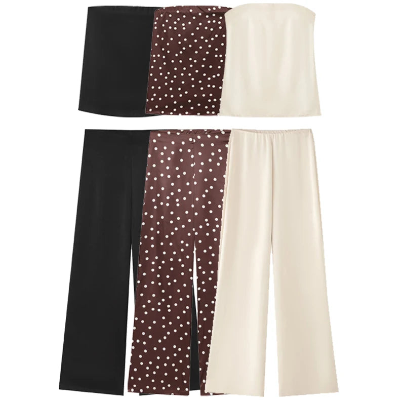 Satin Pant Strapless Off Shoulder High Waist Trousers Sets