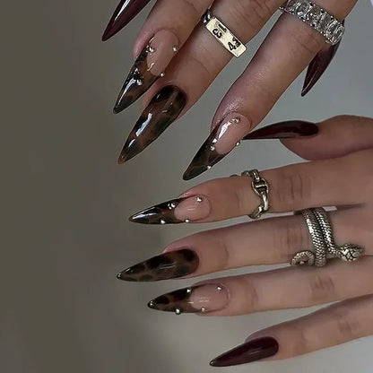 24pcs/Box Long Coffin False Nails Art Rose with Glue Wearable Jelly Nails