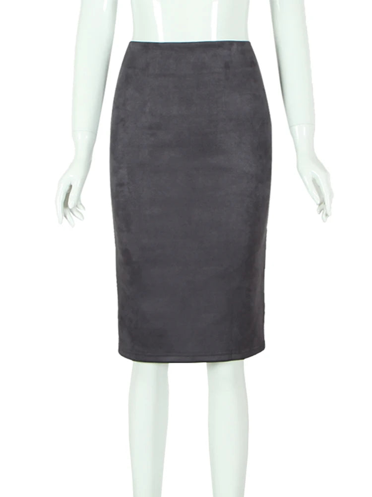 Suede Pencil High Waist Bodycon Vintage Suede Split Thick Stretchy Skirts