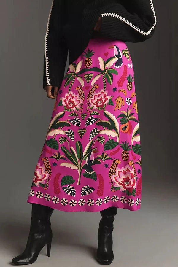 Street Tropical Plant Print Retro Half Skirt