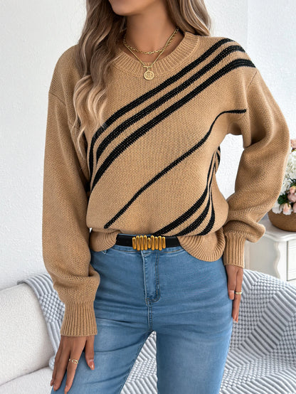 Twill Texture Color Block Round Neck Long Sleeve Cabin Core Knit Pullover