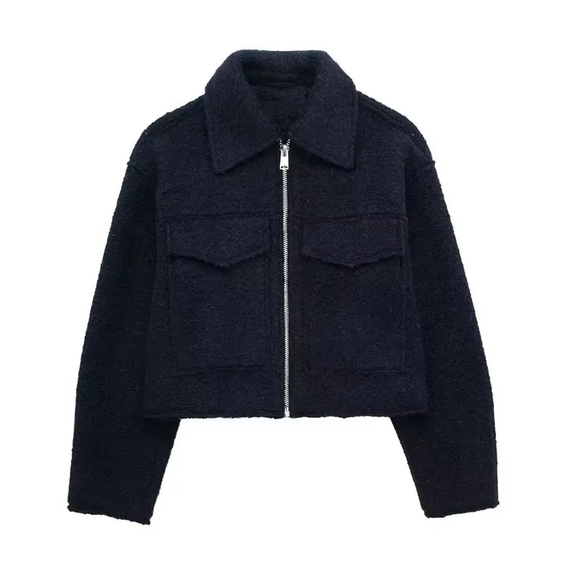 Grey Front Zipper Vintage Lapel Neck Long Sleeves Chic Jacket