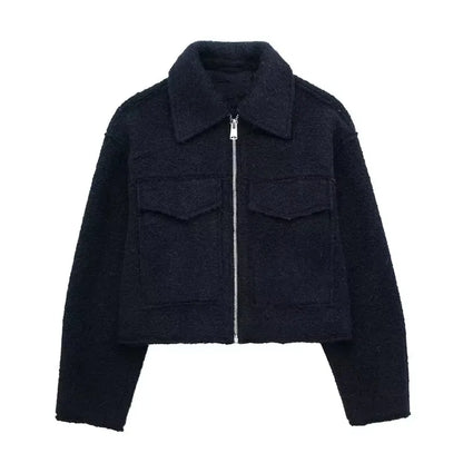 Grey Front Zipper Vintage Lapel Neck Long Sleeves Chic Jacket