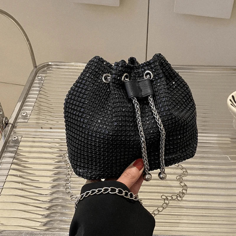 Sparkling Rhinestone Embellished Drawstring Crossbody Bag