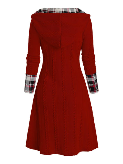 Knitted hooded plaid print stitching fake buckle high waist long sleeve dress