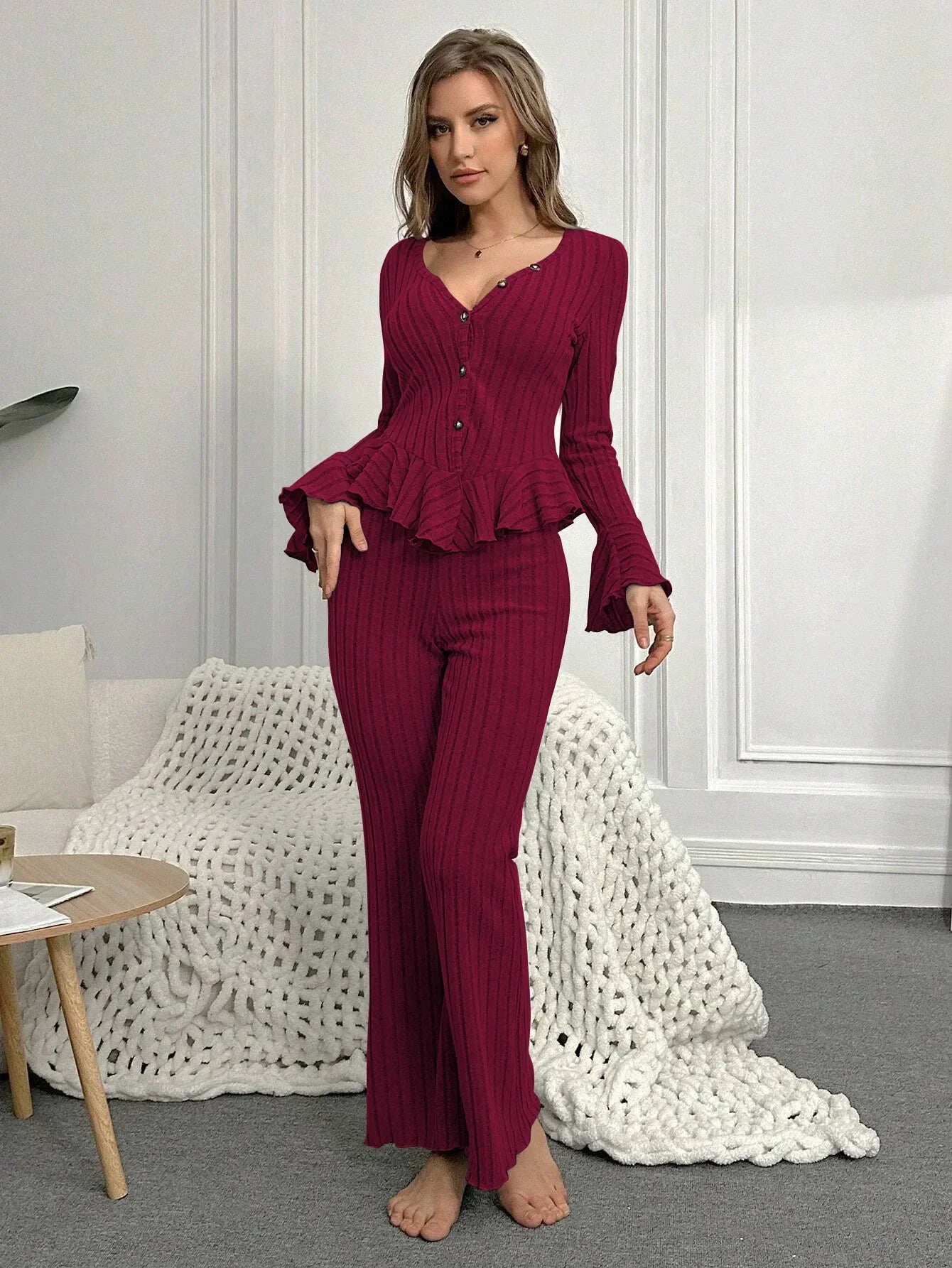 Sexy V Neck Long Sleeve Pyjamas Set