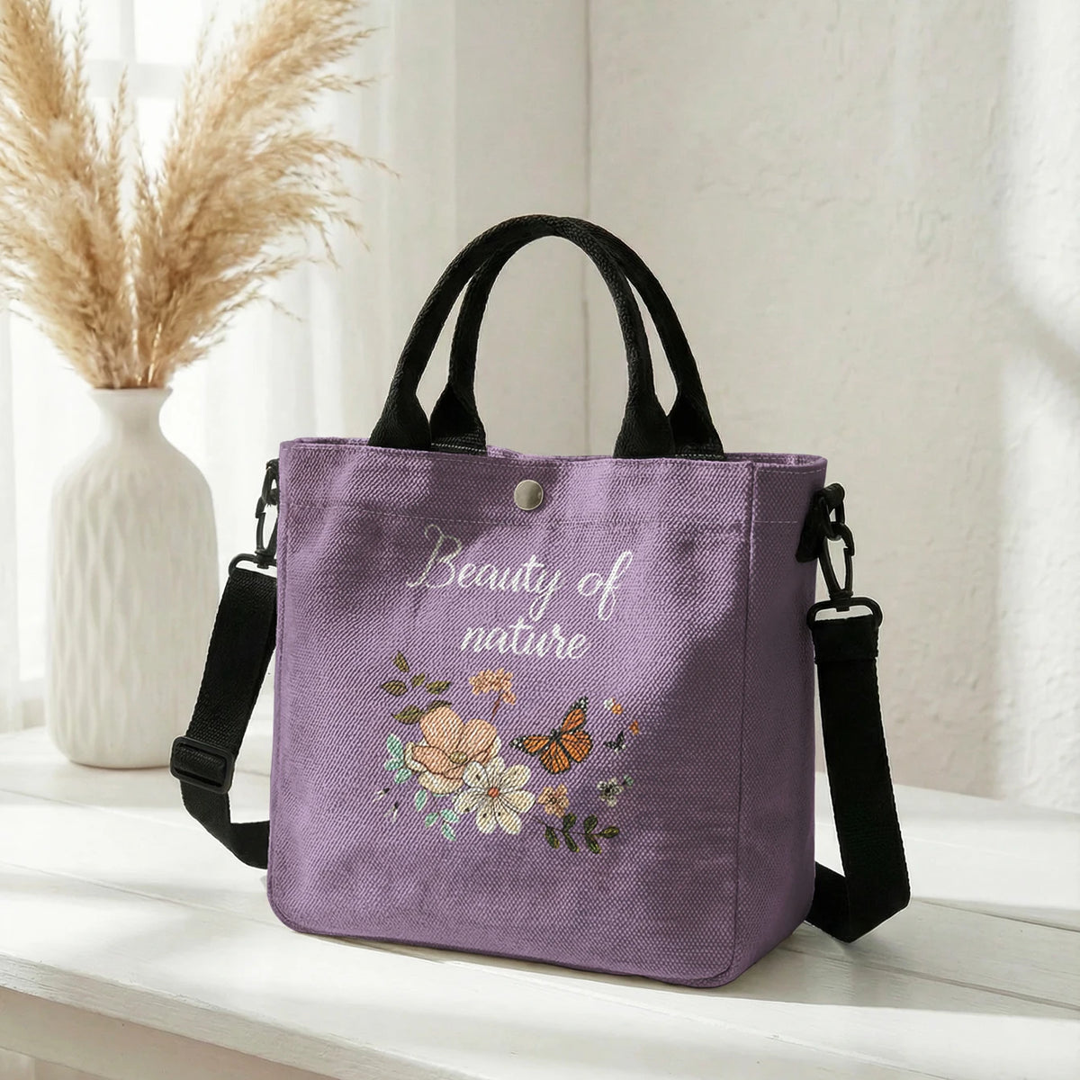 Floral Butterfly Letter Print Brown Canvas Tote Bag