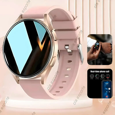 Rose gold smart watch with pink band, touch screen, and real-time phone call feature