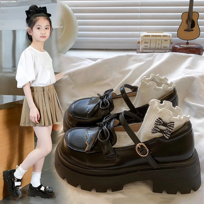 Black Leather Mary Janes Bow Thick Sole Casual Toddler Shoes