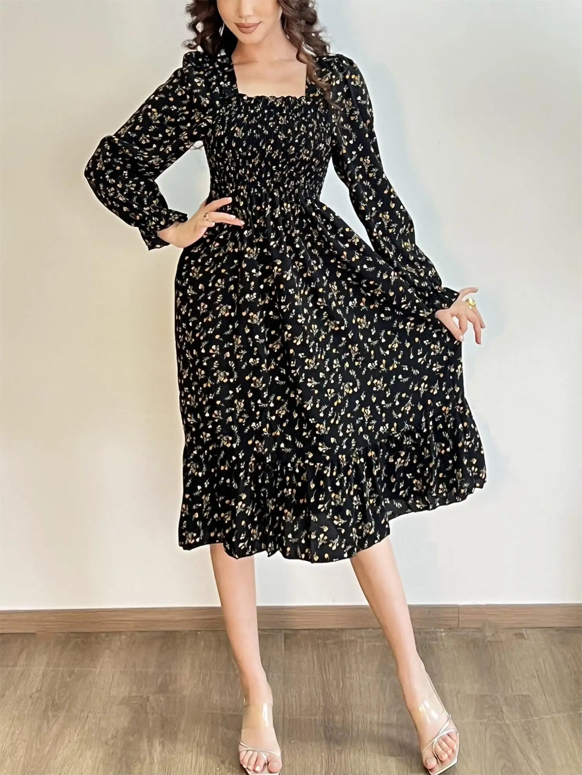 Long Sleeve Casual Chiffon Floral Elastic Chest Lace Up Midi Dress