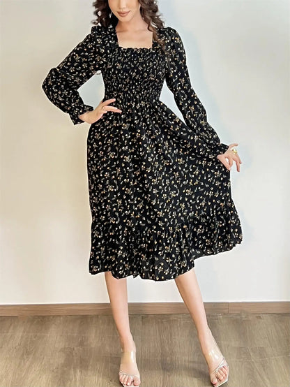 Long Sleeve Casual Chiffon Floral Elastic Chest Lace Up Midi Dress