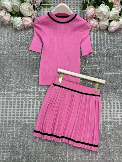 Short Sleeve Pleated Sexy Mini Skirts Set