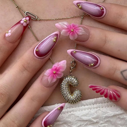 24Pcs Gilded 3D Flower Press on Nails Black French Leopard Print False Nails