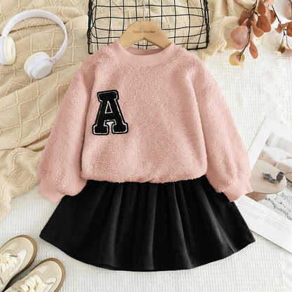 College Style Bow Long Sleeve Plush Top + Short Skirt Sets