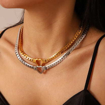 Stainless Steel Solid Gold Pvd Plated Chunky Thick Chain Hollow Heart Choker Necklace