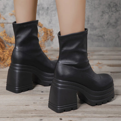 Short Sexy Leather Square toe casual Zipper high heels thick soled Boots