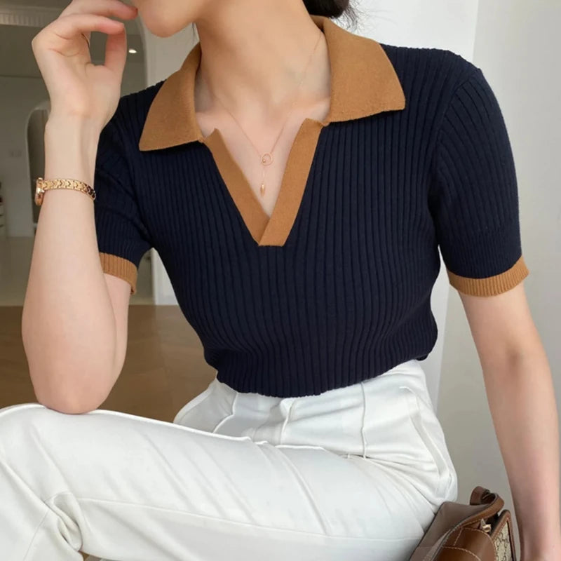 Short Sleeve Polo Neck Knitted Lightweight Knitted Sweater Polo Shirts