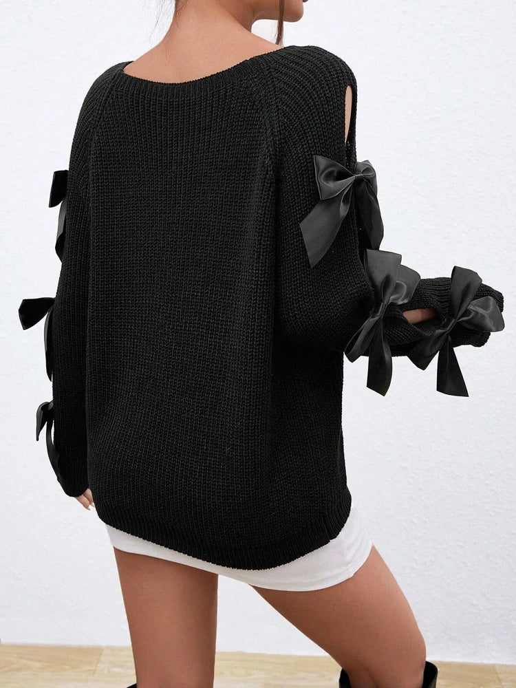 Bow Out Raglan Sleeves Knit Round Neck Minimalist Sweater