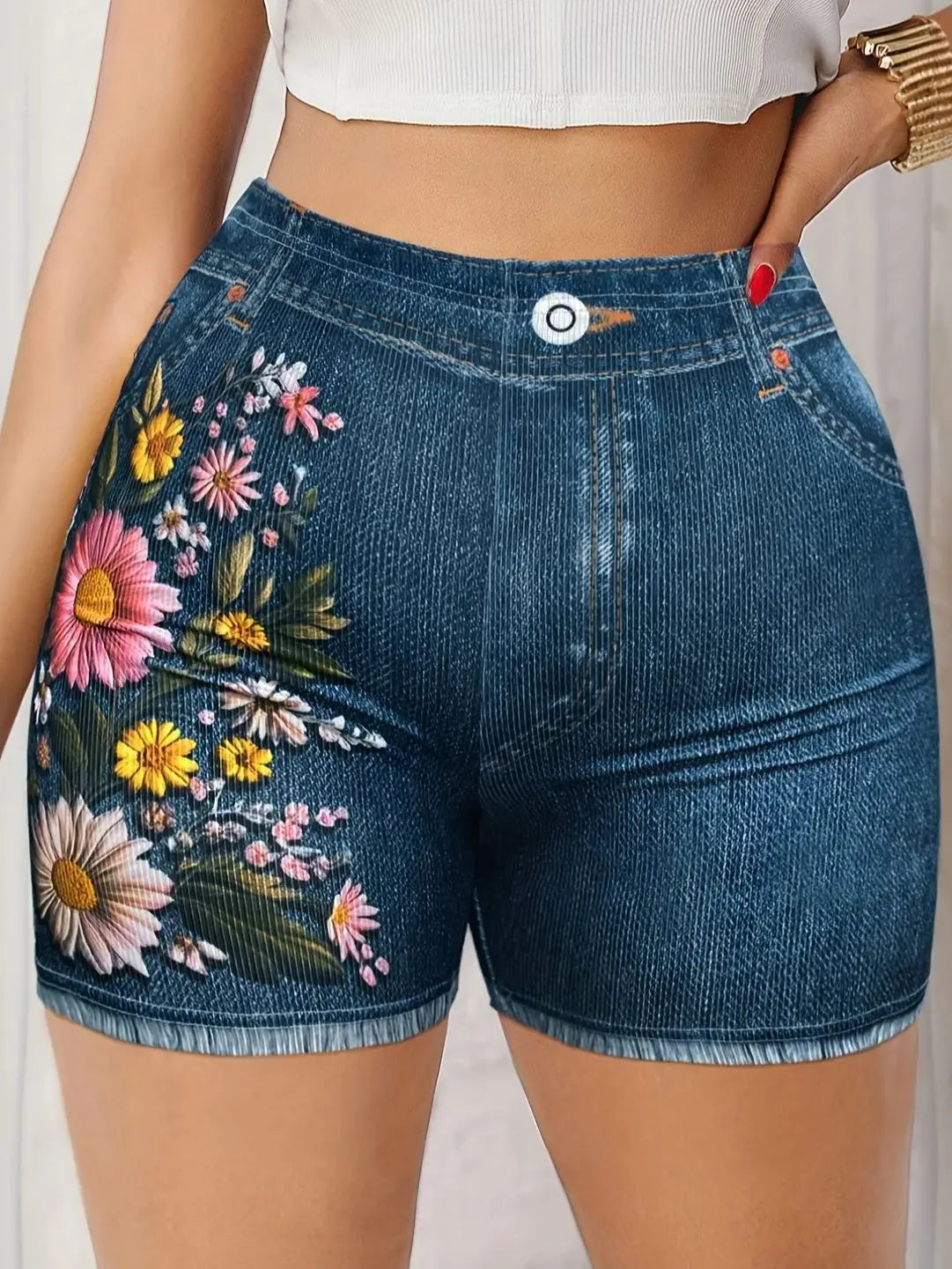 Stretch Denim with Floral Design Shorts