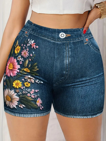 Stretch Denim with Floral Design Shorts