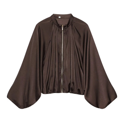 Coffee Pleated Bubble Puff Loose Long Sleeved High Waisted Casual Long Pants Sets