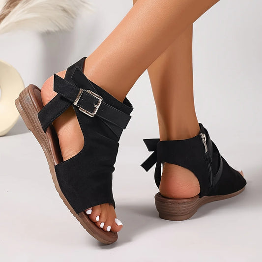 Black Pu Buckle Open Toe Cool Wedge Sandals
