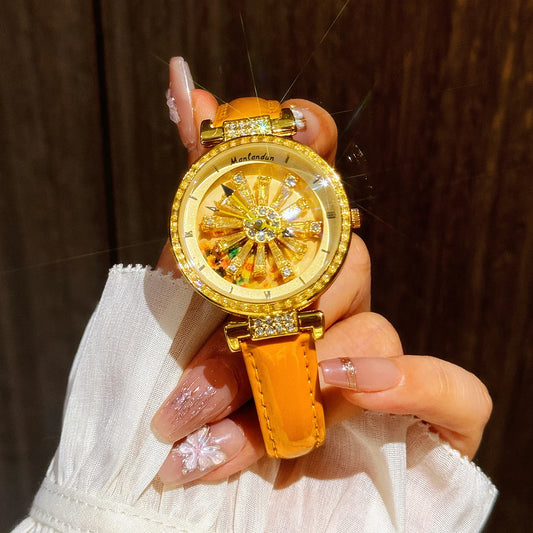 Rhinestones Sunflower Rotating Dial Watch
