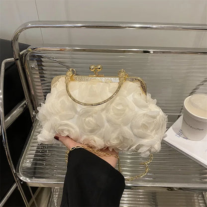 Luxury Chain Shoulder Chiffon 3D Flower Banquet Bag
