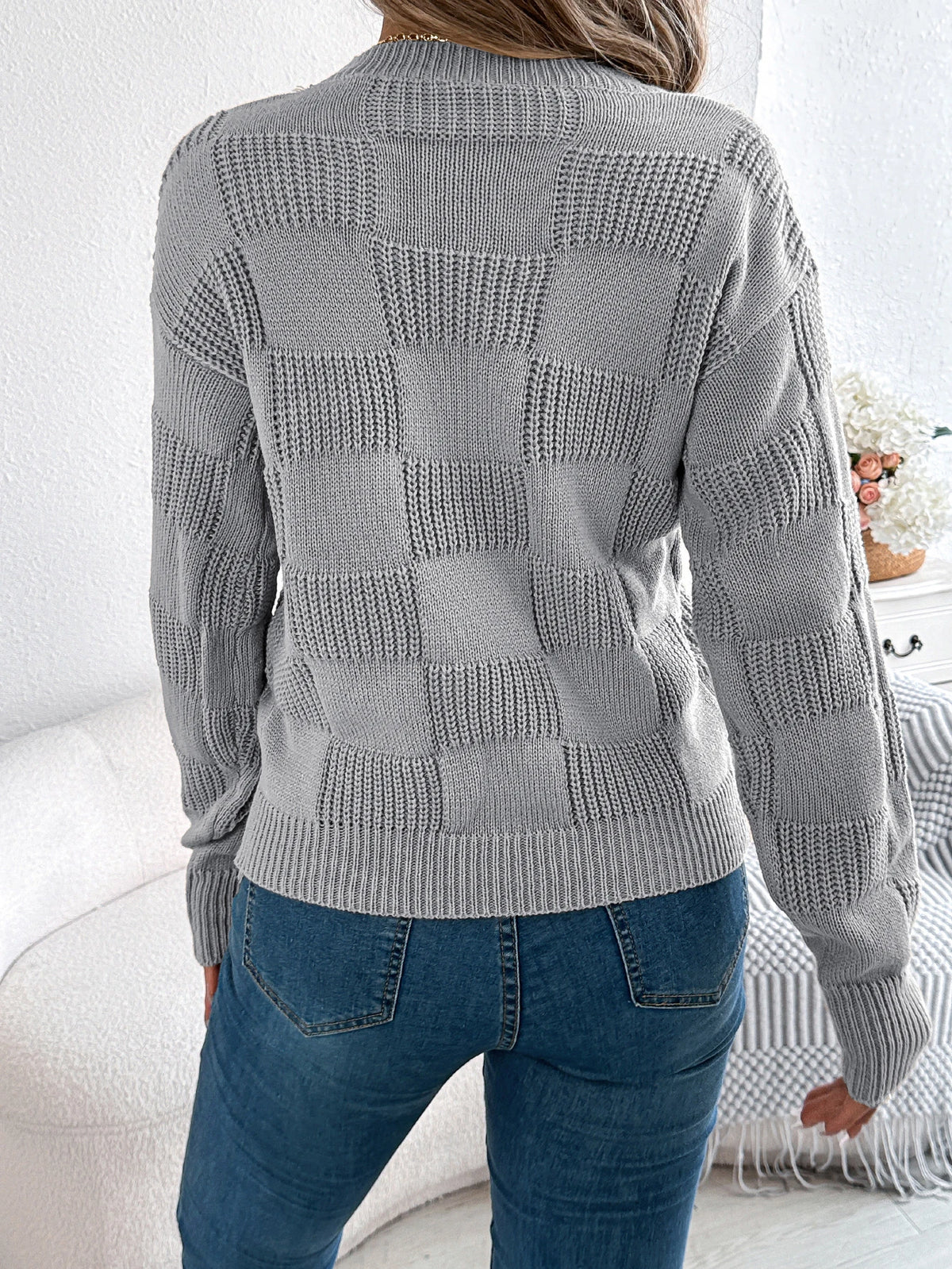 Solid Plaid Round Neck Long Sleeve Knit Cozy Sweaters
