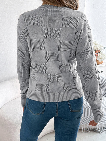 Solid Plaid Round Neck Long Sleeve Knit Cozy Sweaters
