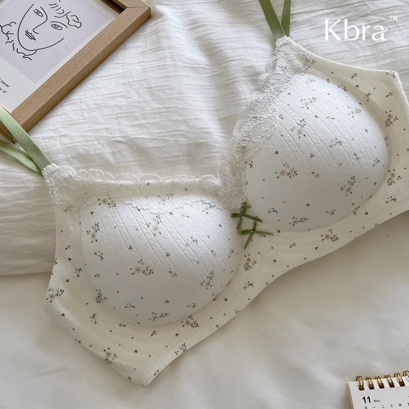Lace Contrast Floral Print Lingerie Small Chest Gathering Seamless Bra