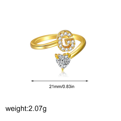 Gold Letter Open Heart Shape Cubic Zirconia  A-Z 26 Letter  Lnitials Rings