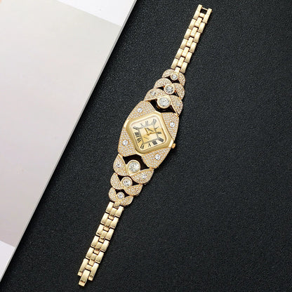 Luxury Rhinestone Golden Bracelet Strap Square Roma Dial Wristwatch