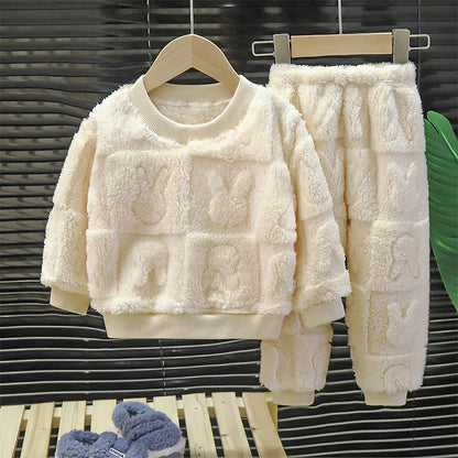Cotton Autumn Winter Plus Fleece Warm Cartoon Top+Pants Set