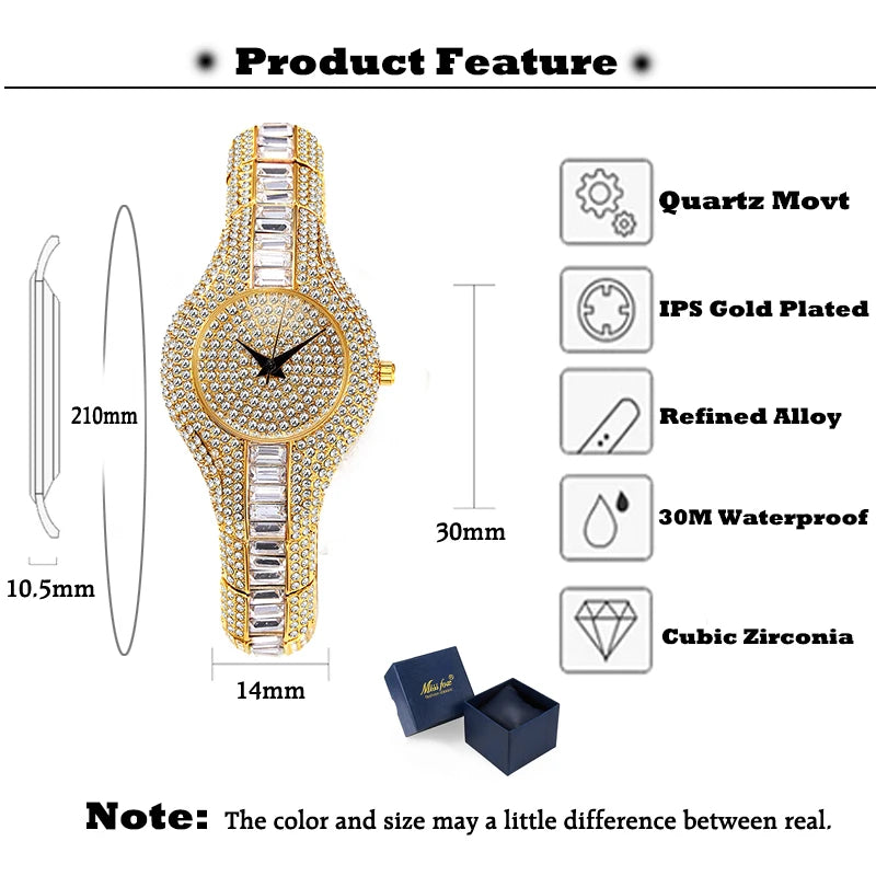 Baguette Diamond Luxury Gold Wristwatch Shockproof Waterproof Small Watch