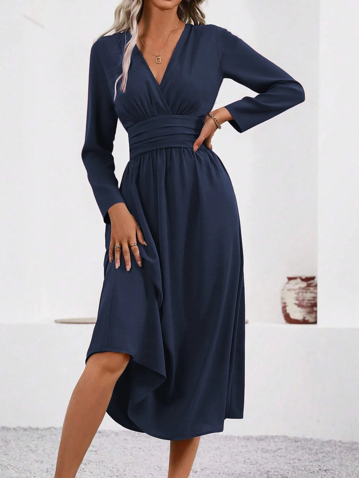 Elegant V-Neck Long Sleeve with Waist Shirring Bodycon Long Maxi Dress