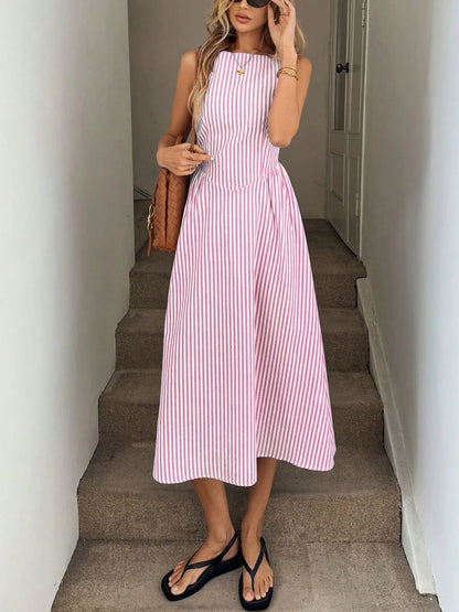 Slimming summer fresh vertical striped sleeveless dress