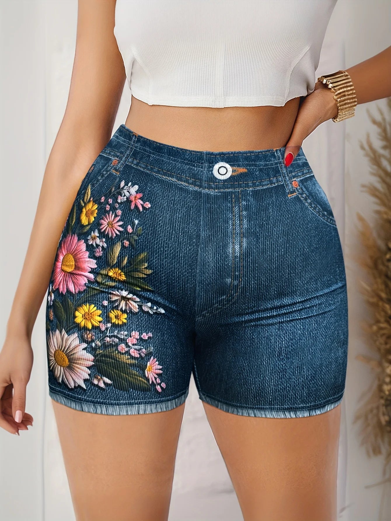 Stretch Denim with Floral Design Shorts