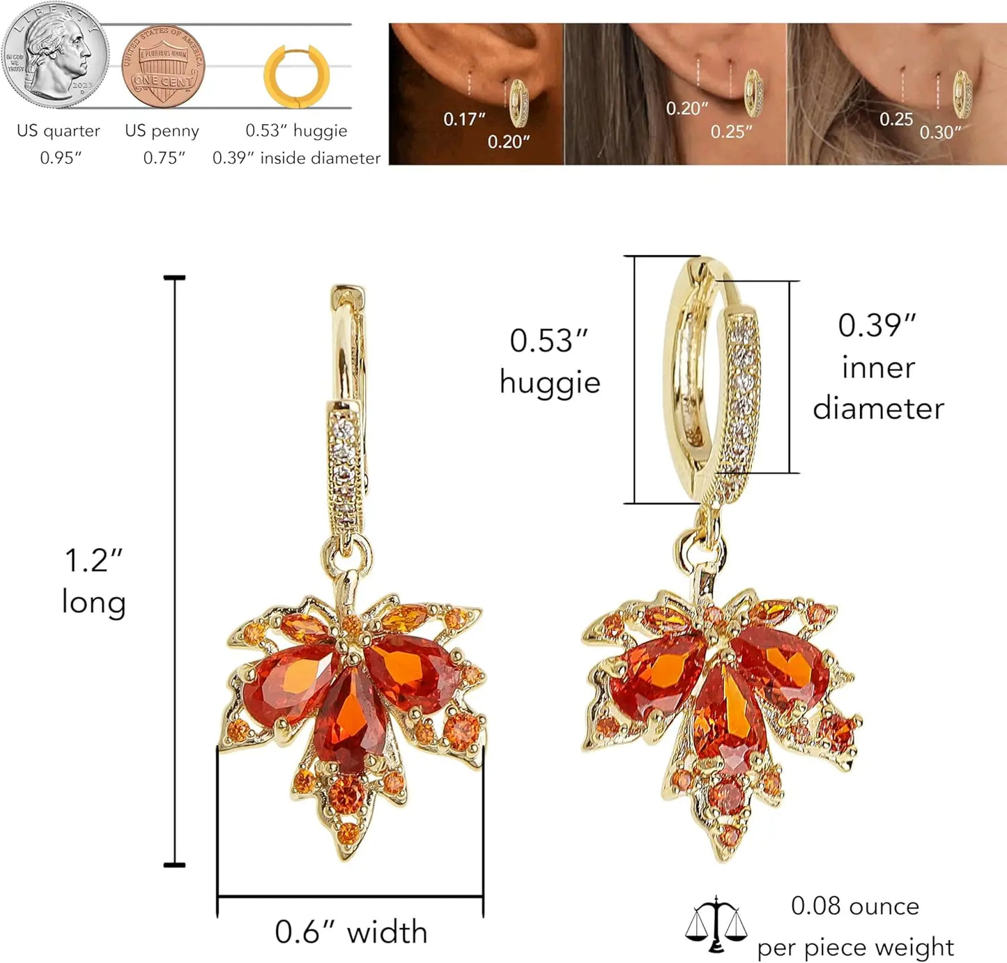 Dainty Rhinestone CZ Dangling Golden Leaf Small Hoop Dangle Earrings