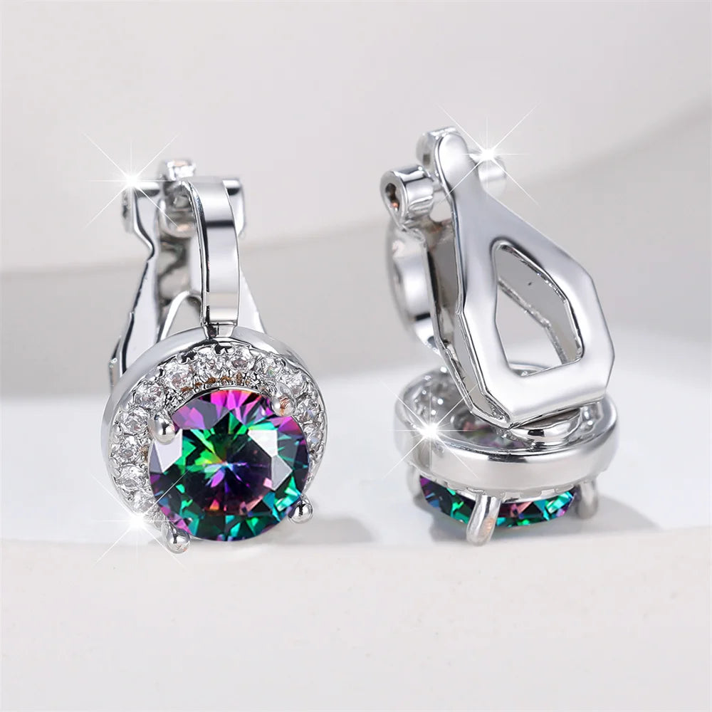 Mystic Rainbow Crystal Round Stone Clip Earrings