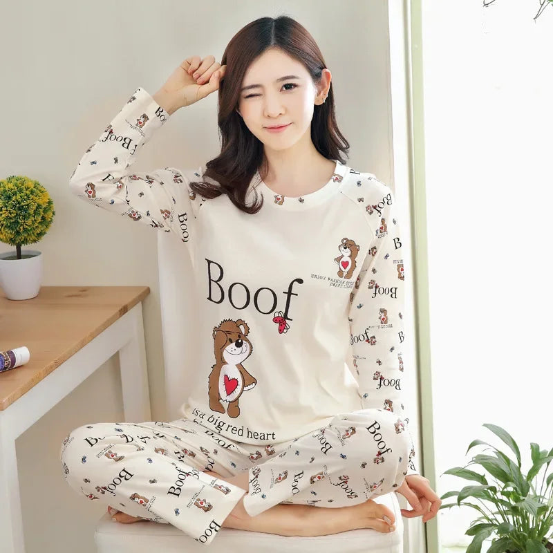 Long Sleeved Cartoon Bear Casual Wear Sleepwear Set