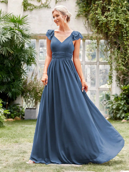 Mgiacy V-neck cap sleeve ruffle lace Extra long evening gown Ball dress